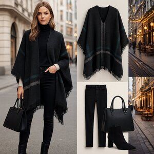 Charcoal & Teal Stripe Poncho Wrap with Fringe Hem